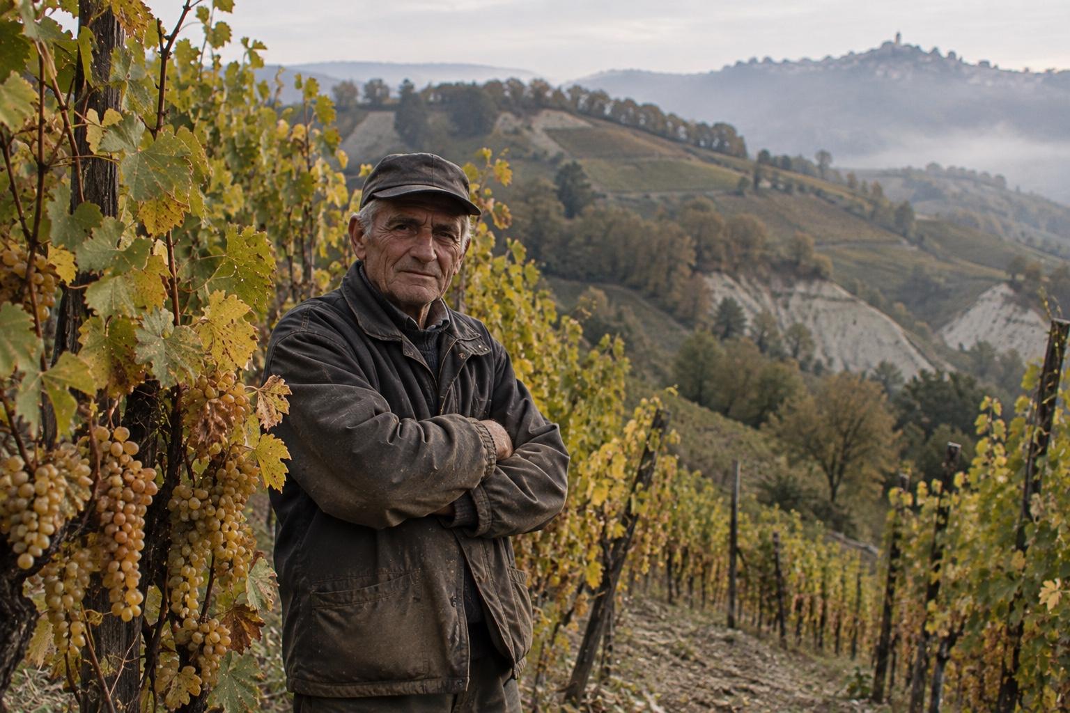 Un vecchio vignaiolo di Cascina Borla, braccia incrociate, tra i filari di Timorasso in autunno, con le colline e i calanchi di marna nella nebbia