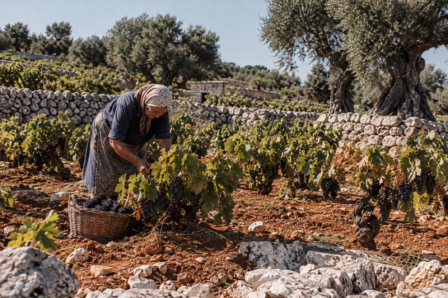 Un’anziana raccoglie grappoli di Negroamaro in una cesta, tra viti ad alberello su terra rossa, muretti a secco e ulivi secolari