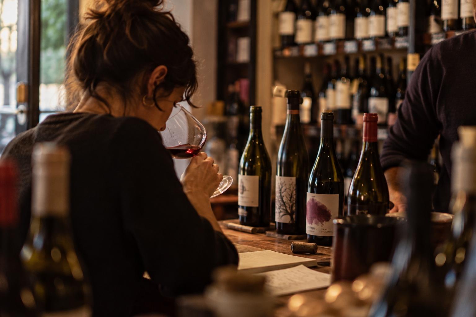Una donna annusa un calice di rosso al bancone di un’enoteca, davanti a quattro bottiglie aperte e a un quaderno di appunti