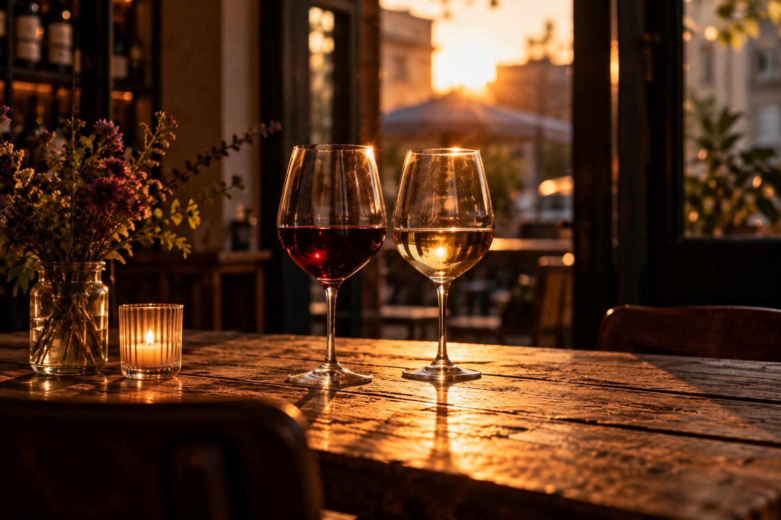 Un calice di rosso e uno di bianco controluce su un tavolo di legno al tramonto, accanto a una candela e a un vaso di fiori di campo
