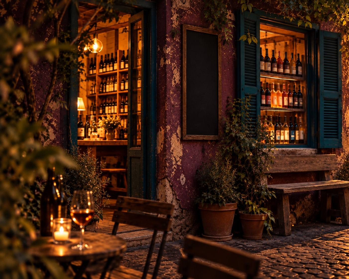 L'enoteca al crepuscolo: la porta aperta sugli scaffali illuminati, la vetrina piena di bottiglie, la panca sotto la finestra e un calice di macerato accanto a una candela sul tavolino nel vicolo