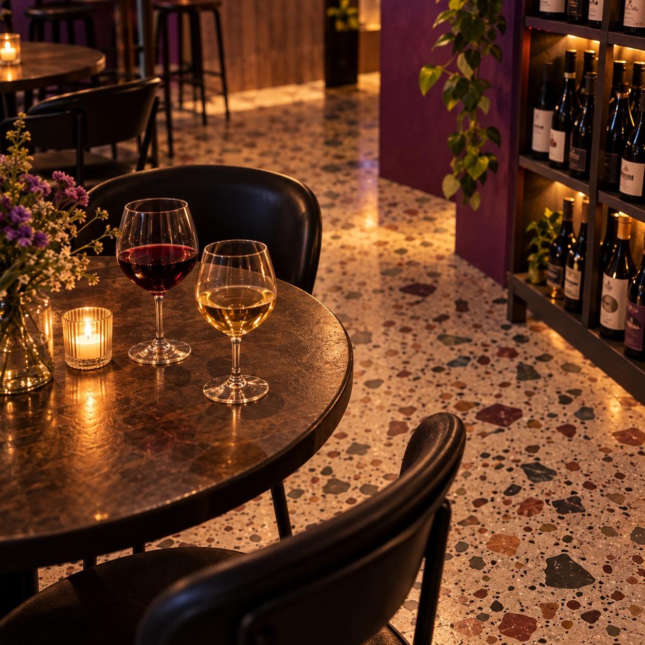 Un tavolino tondo in enoteca a lume di candela, con un calice di rosso e uno di bianco, sul pavimento in graniglia accanto allo scaffale delle bottiglie