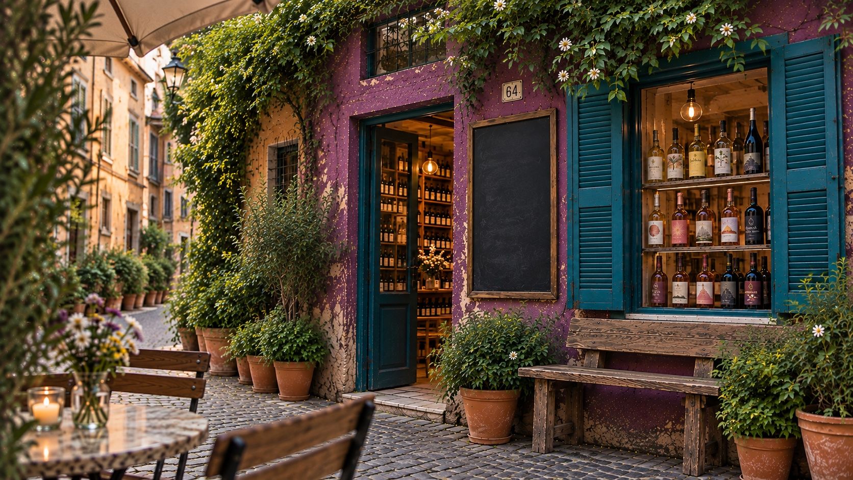 La facciata viola di Vèrso al civico 64, coperta di gelsomino: la porta aperta sulla cantina, la lavagna, la vetrina piena di bottiglie e i tavolini sul selciato