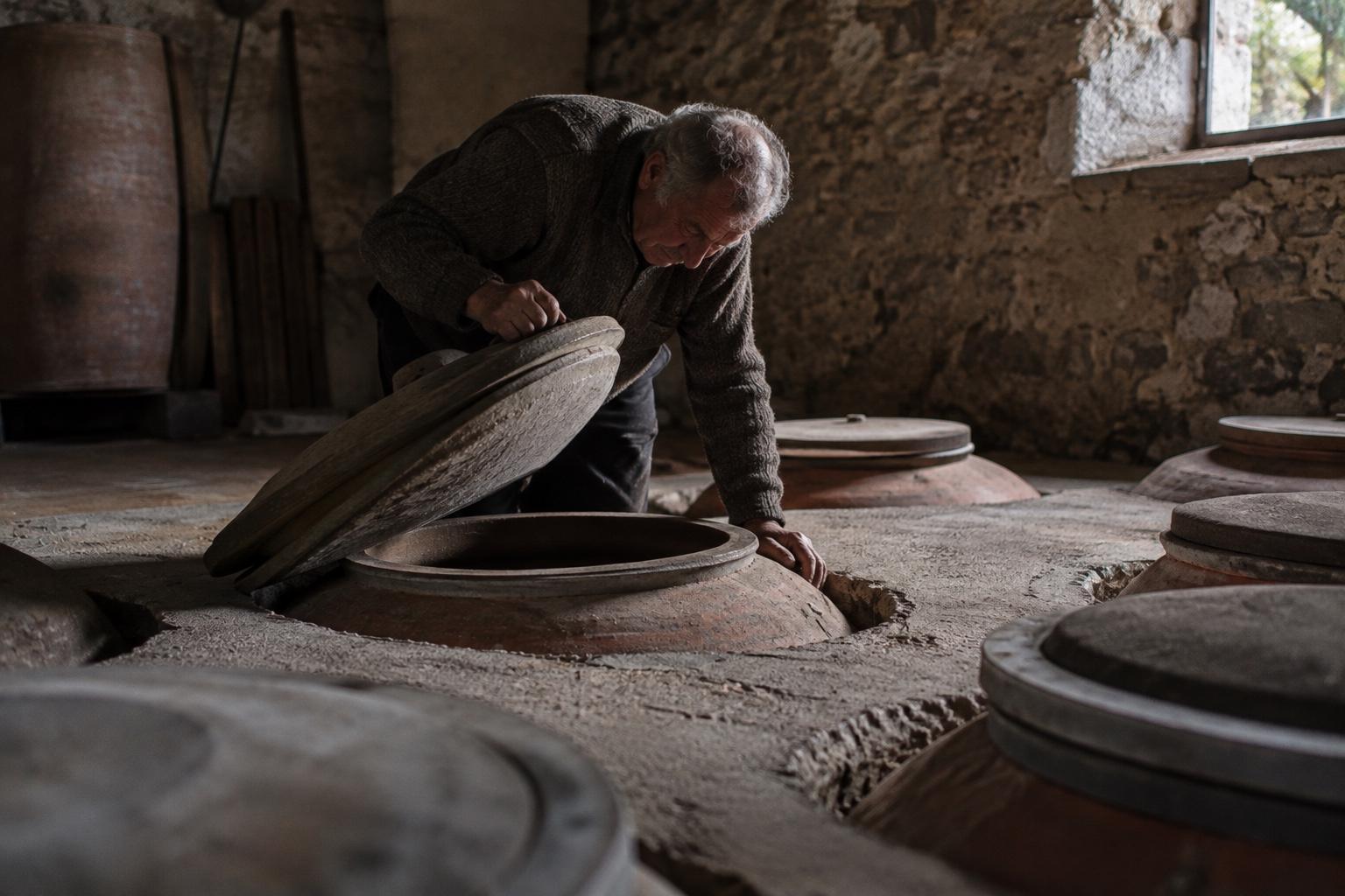 Il vignaiolo di Kmetija Breg solleva il coperchio di un’anfora di terracotta interrata nel pavimento della cantina