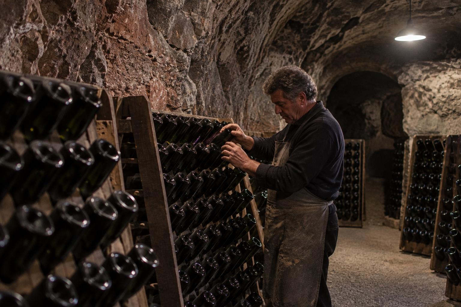 Il cantiniere di Maso Nebbia gira a mano le bottiglie nelle pupitre di legno, in una cantina scavata nella roccia