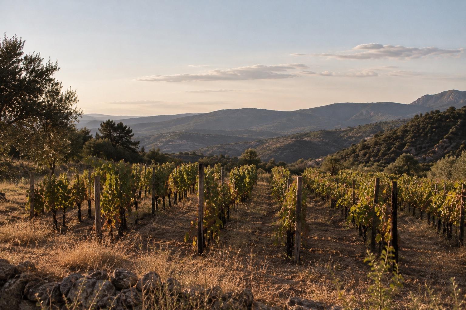 I filari di Vigna dei Nove al tramonto, tra un muretto a secco e le colline