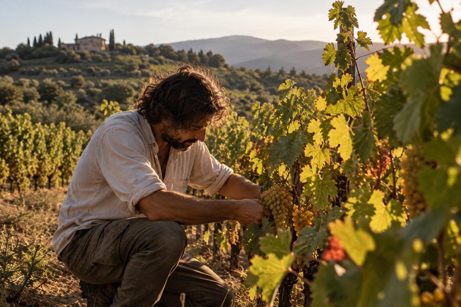 Il vignaiolo di Podere Le Calanche tra i filari a Loreto Aprutino