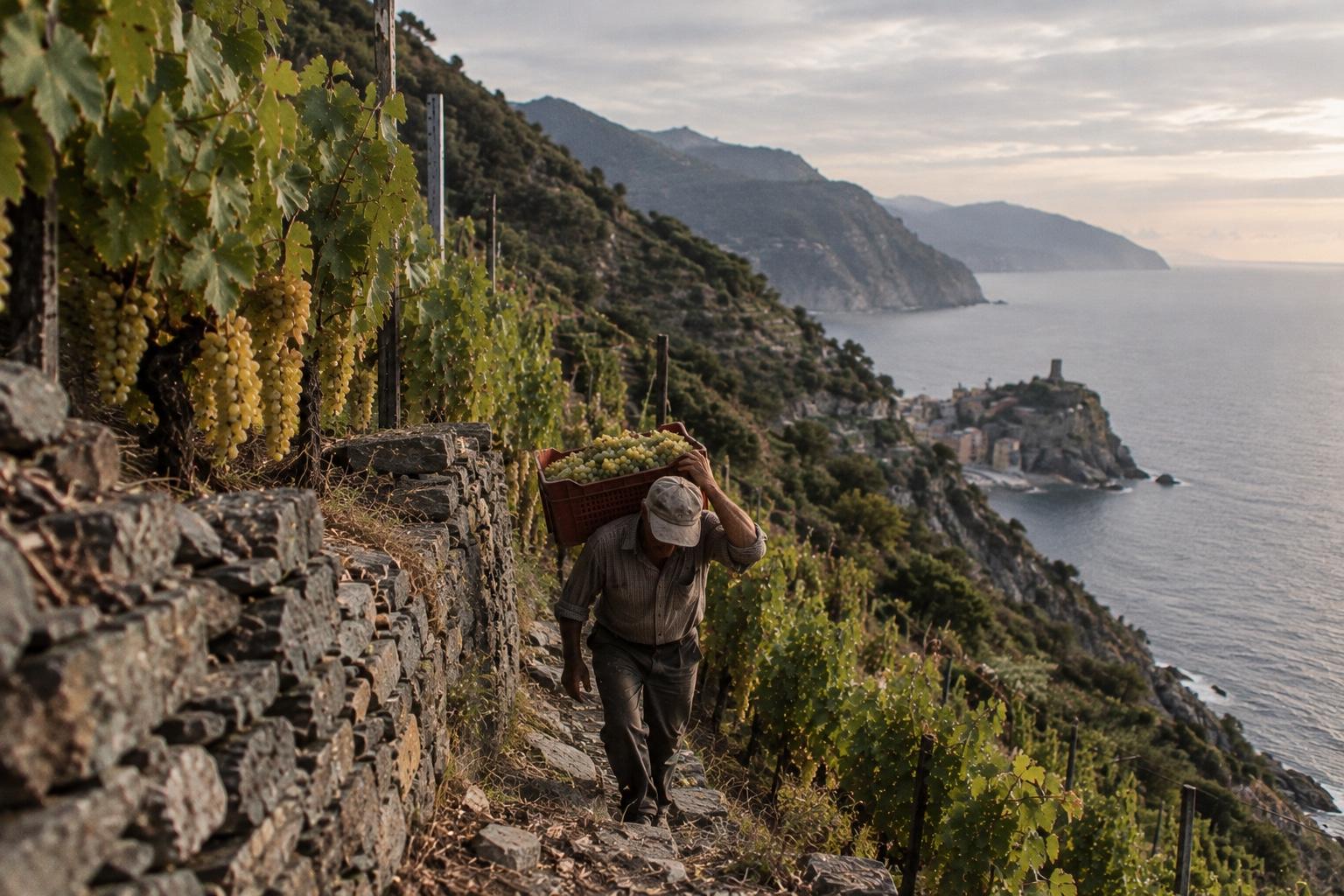 Un vignaiolo sale un sentiero tra le terrazze a secco con una cassetta di Vermentino in spalla, sopra il mare della Riviera