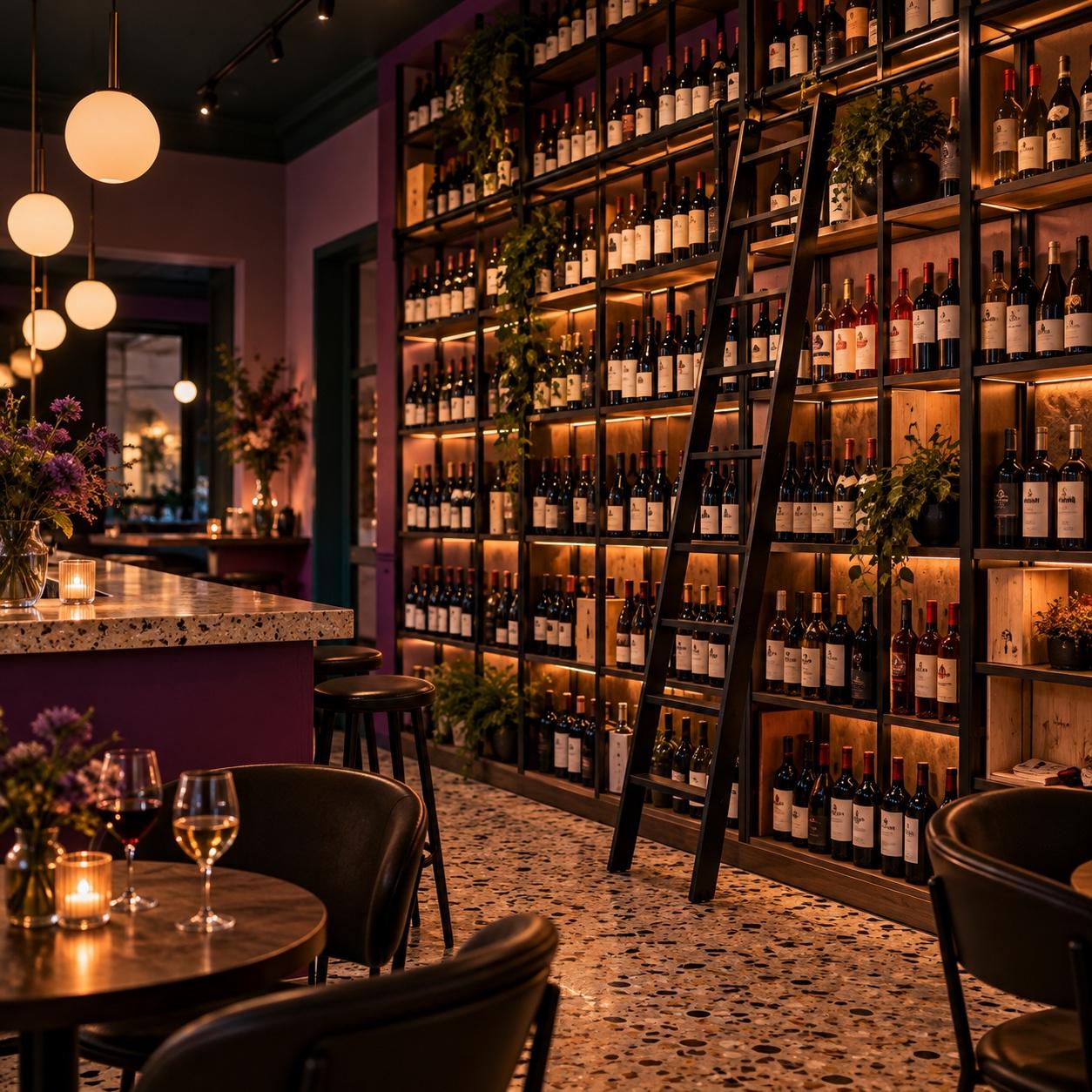 L'interno dell'enoteca la sera: lo scaffale a parete fino al soffitto con la scala, le lampade a sfera sopra il bancone in graniglia e due calici su un tavolino a lume di candela