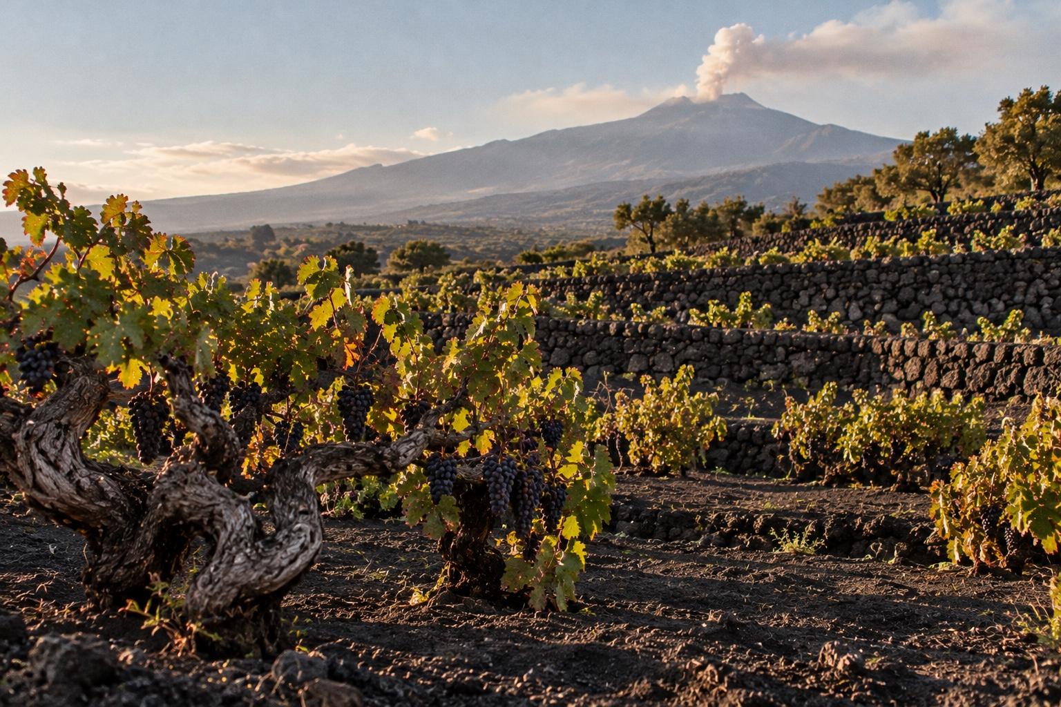Vecchie viti ad alberello cariche di Nerello Mascalese sulla sabbia lavica nera, tra terrazze di pietra lavica, con l’Etna fumante sullo sfondo