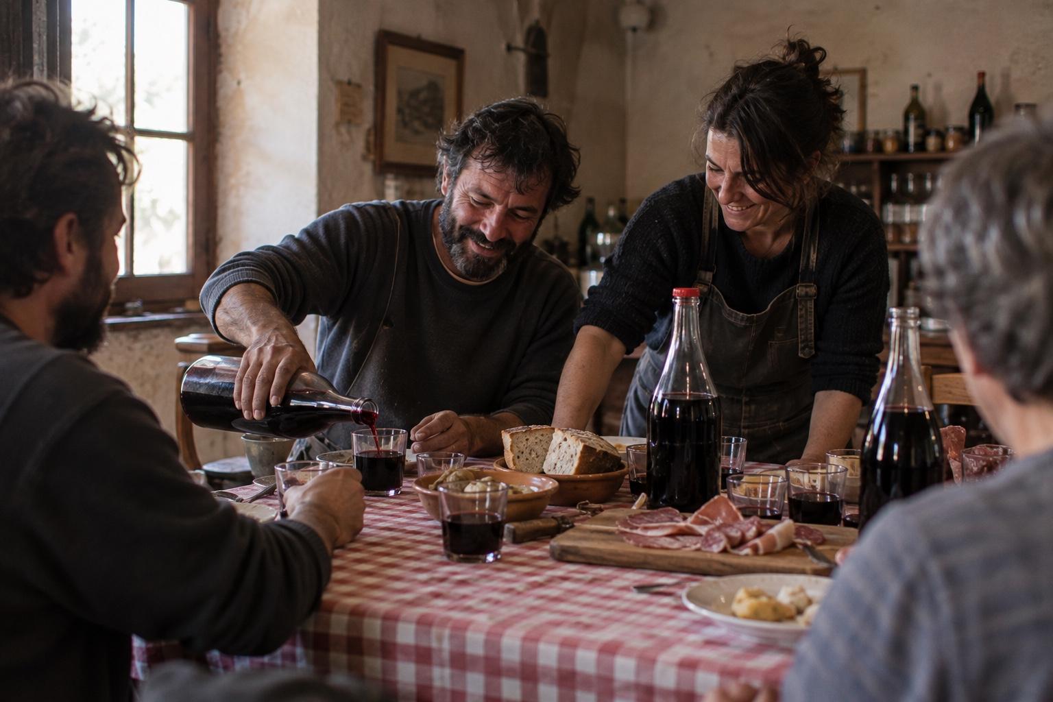 Lucia e Tommaso versano il rosso dai litri col tappo a corona agli amici, su una tavola con tovaglia a quadretti, pane e salumi