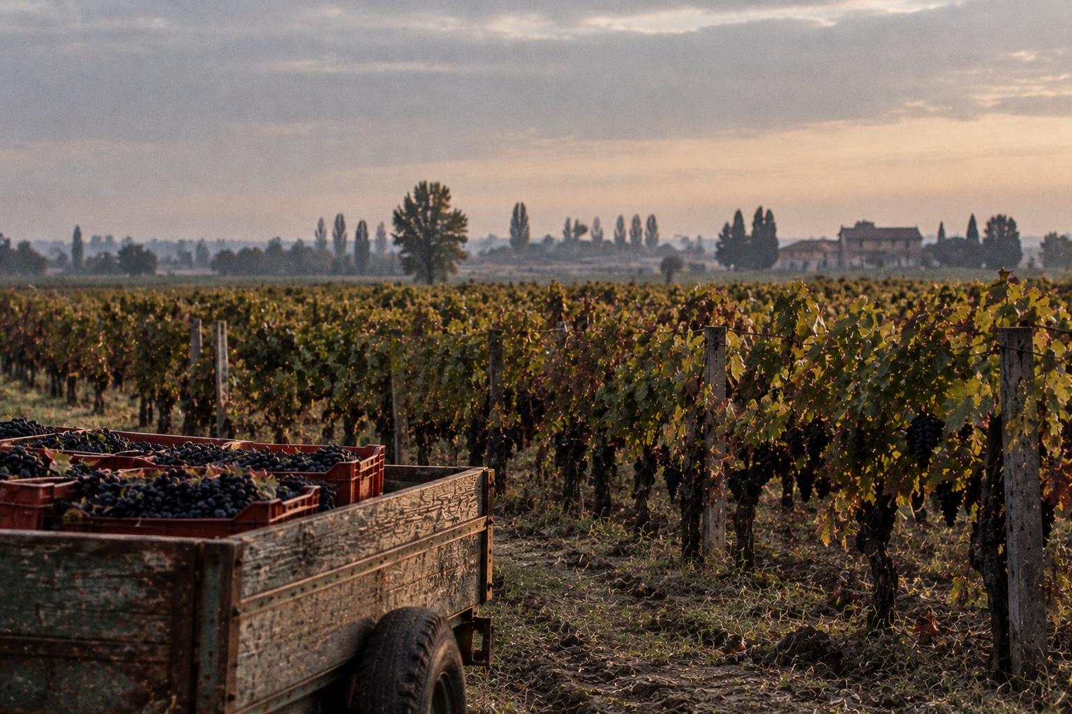 All’alba, un carretto con le cassette di Lambrusco appena vendemmiato accanto ai filari, con la pianura e un casolare tra i pioppi sullo sfondo
