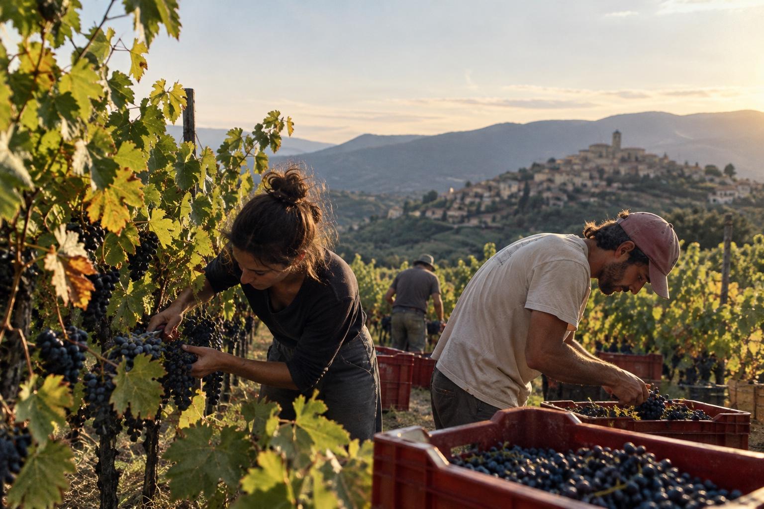 Vendemmia al tramonto: due vendemmiatori tagliano grappoli neri tra i filari e riempiono le cassette rosse, con il paese sulla collina sullo sfondo